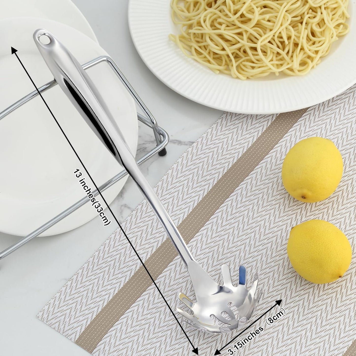 Spaghetti Spoon and Spaghetti Tong 2-Piece Set, 13-Inch Non-Stick Spaghetti Fork and 11.4-Inch Kitchen Tong, Easy Storage and Cleanup, Ergonomic Design, Stainless Steel