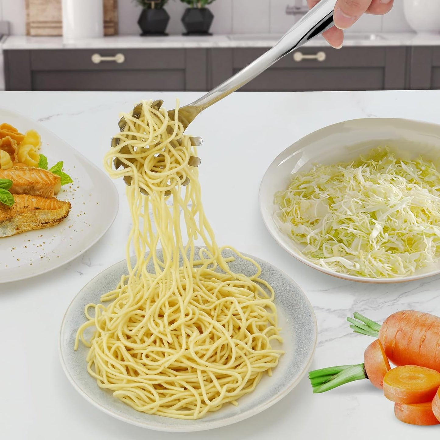 Spaghetti Spoon and Spaghetti Tong 2-Piece Set, 13-Inch Non-Stick Spaghetti Fork and 11.4-Inch Kitchen Tong, Easy Storage and Cleanup, Ergonomic Design, Stainless Steel