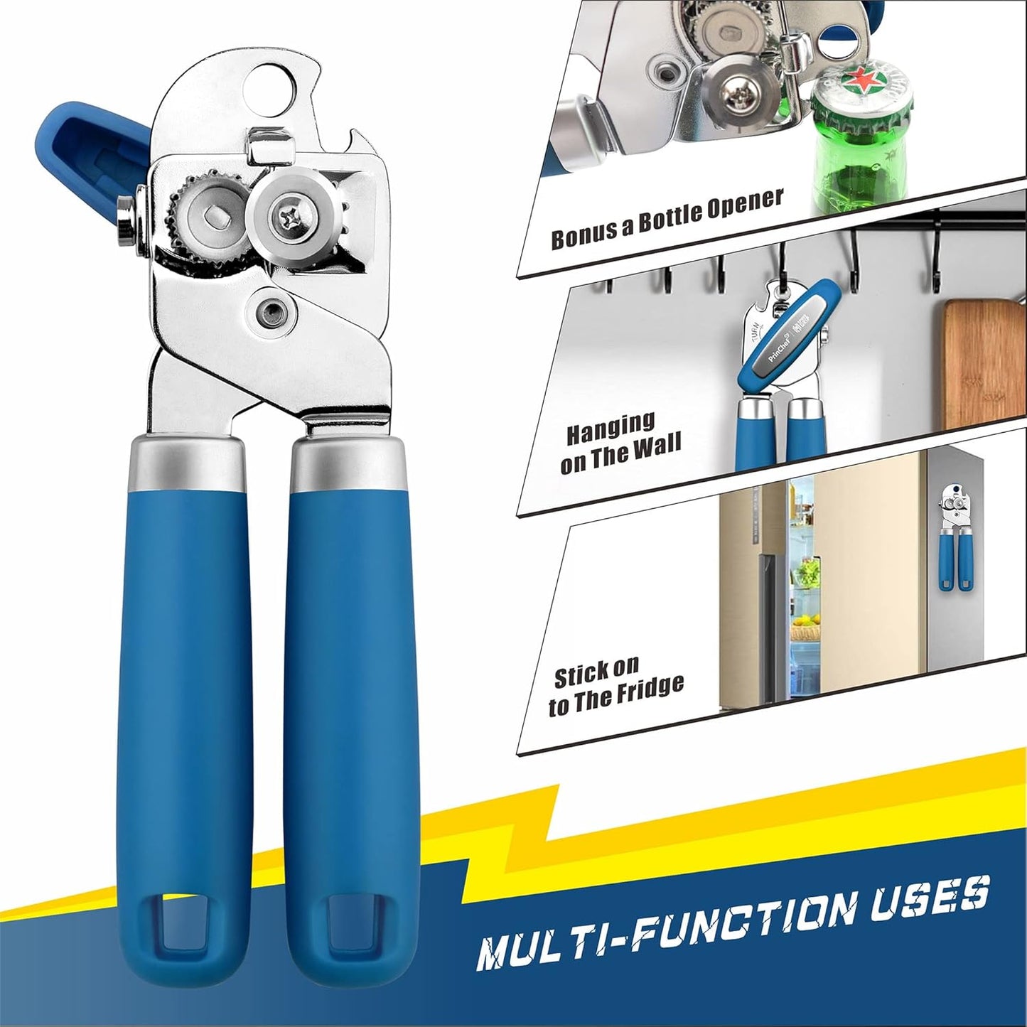 Can Opener Manual, Can Tin Bottle Opener with Magnet - No-Trouble-Lid-Lift, Handheld Can Opener Smooth Edge with Sharp Blade, Heavy Duty and Easy to Use, for Seniors with Arthritis, Blue
