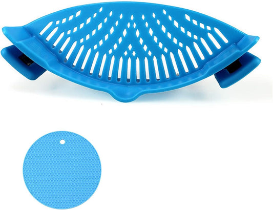 YANGG Clip-On Silicone Snap Strainer,Pasta Strainer for Spaghetti Pasta Ground Beef Grease for Most of Bowls and Pots,Food Grade Strainer,With 1pcs Hot Pads Heat-resistant (Light Blue)