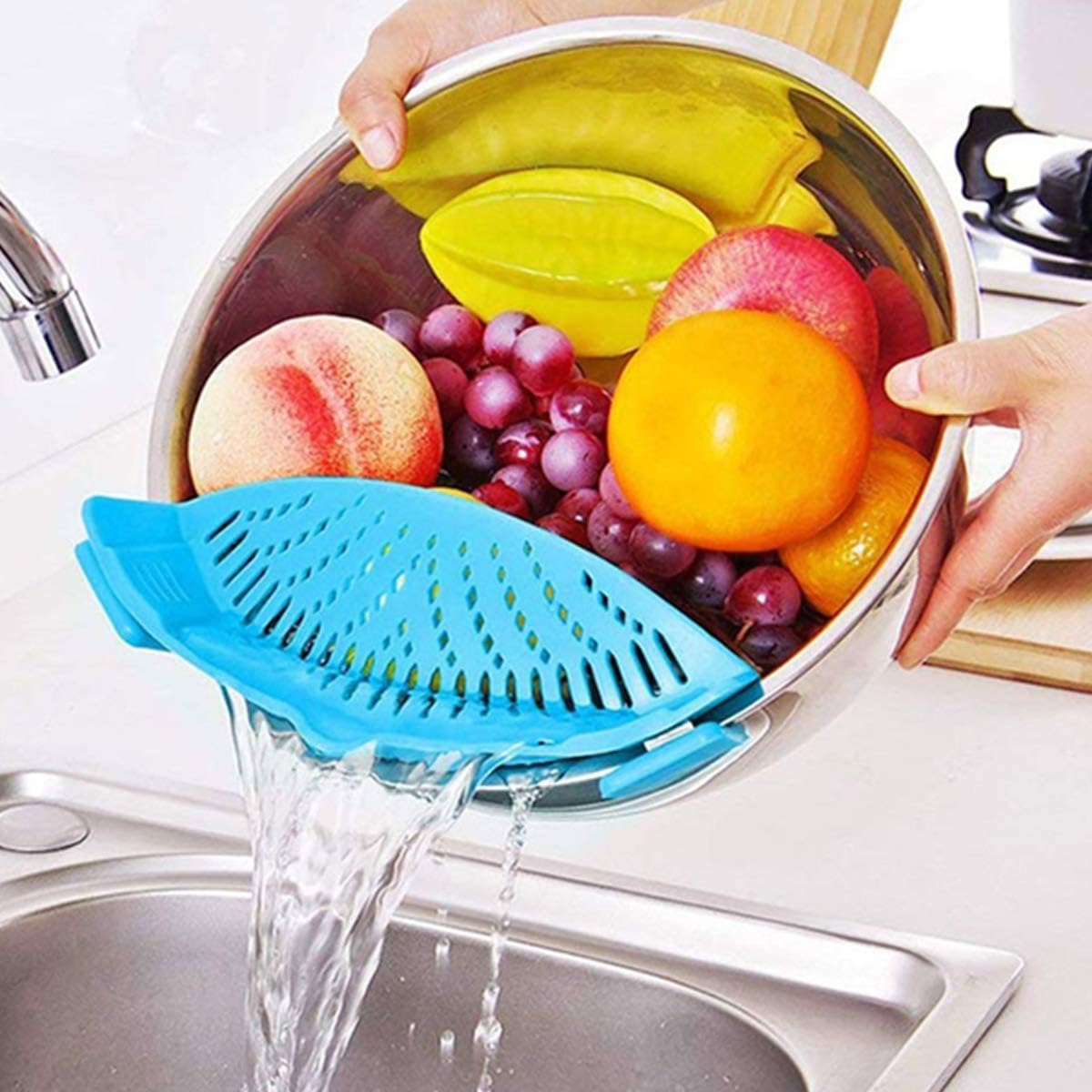 YANGG Clip-On Silicone Snap Strainer,Pasta Strainer for Spaghetti Pasta Ground Beef Grease for Most of Bowls and Pots,Food Grade Strainer,With 1pcs Hot Pads Heat-resistant (Light Blue)