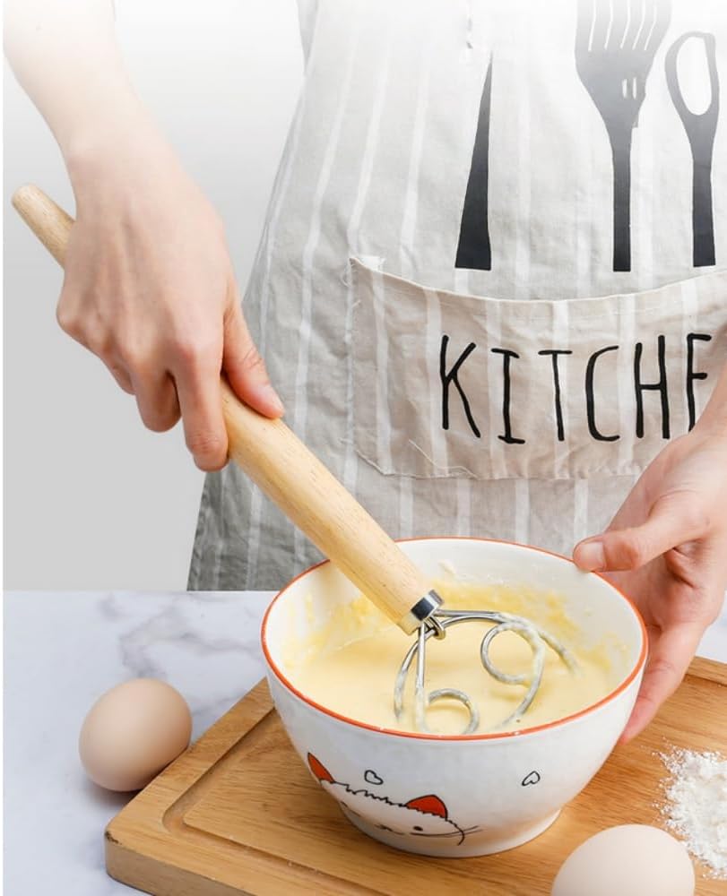 2 Pack Danish Dough Whisk 13inch Stainless Steel Wooden Handle Bread Hand Mixer for Sourdough Pizza Bread Baking Kitchen Whisking Mixing Tools