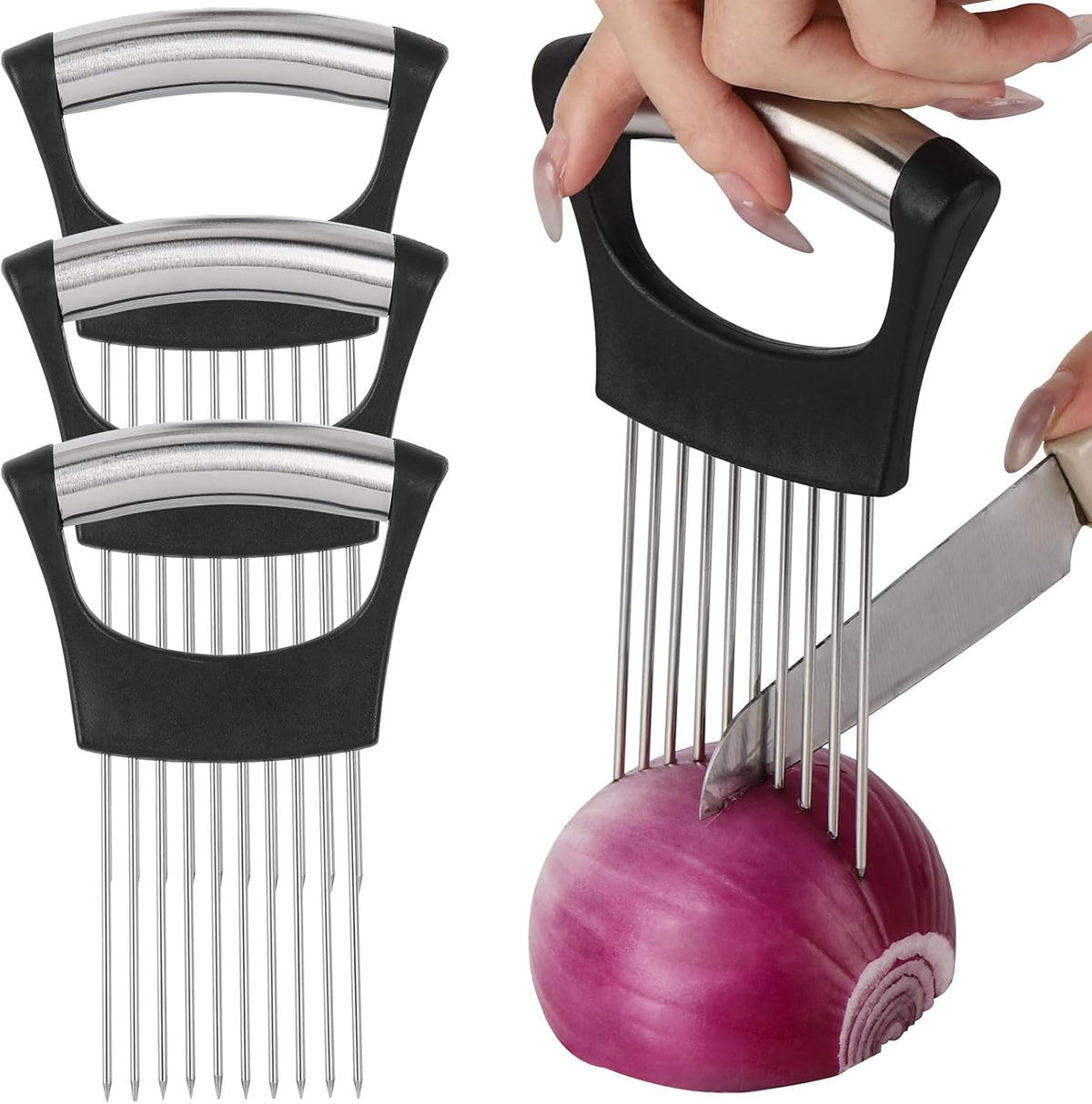 3 Pcs Onion Slicer Holder, All purpose Food Slicer Assistant Tool for Cucumber, Tomato, Potato, Egg, Avocados, Fruit Lemon and Meat
