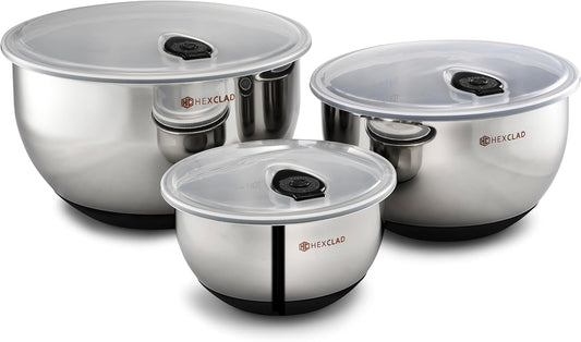 3 Piece Stainless Steel Mixing Bowl Set with Vacuum Seal Lids | Non-Slip Base, 1.3 ,3 and 5 Quarts