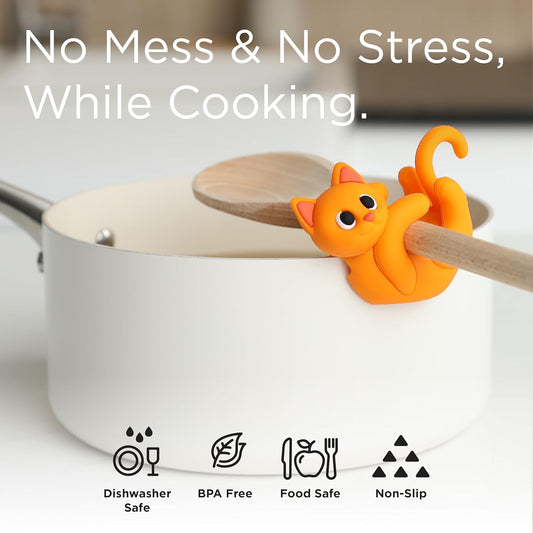 Itera Orange Silicone Cat Spoon Rest Kitchen Gadget Utensil Holder | Clips to cookware • Props lids for steam venting • Cute kitchen décor • Heat resistant • BPA-free • Dishwasher safe