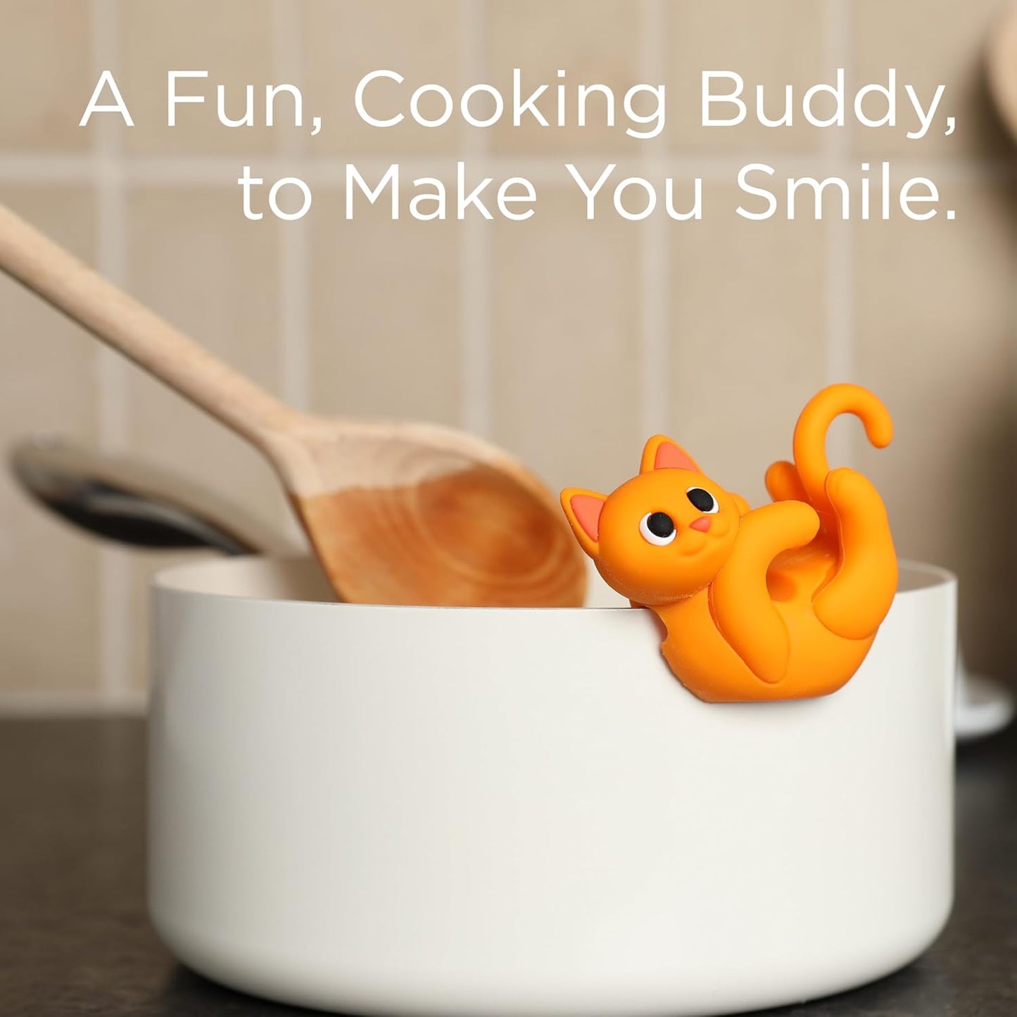 Itera Orange Silicone Cat Spoon Rest Kitchen Gadget Utensil Holder | Clips to cookware • Props lids for steam venting • Cute kitchen décor • Heat resistant • BPA-free • Dishwasher safe