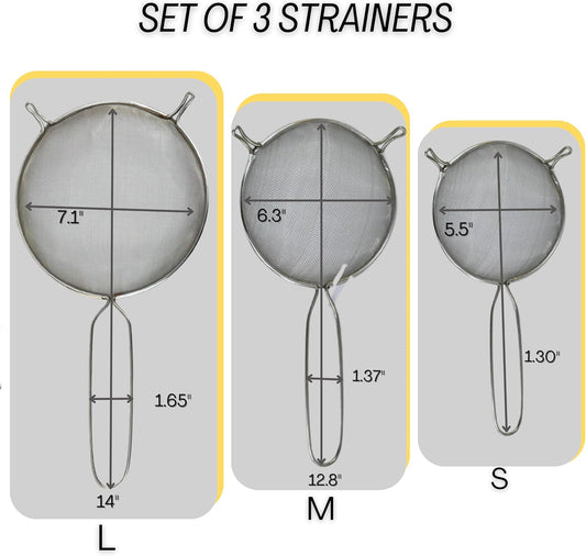 Mesh Strainers - Stainless Steel Fine Mesh Strainer Set of 3 with Handle - Colander-Skimmer Sieve Sifters for Kitchen Food - 5.5", 6.3", 7.1"