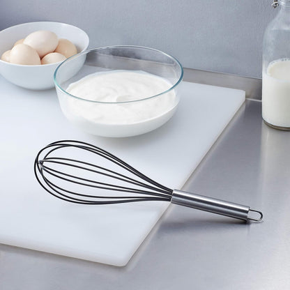 Stainless Steel and Silicone Non-Stick Coated Whisk Set for Beating and Whisking, Dishwasher Safe, 8", 10", and 12", Pack of 3, Black