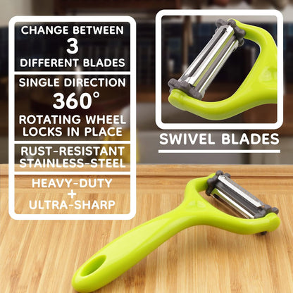 Y Shape 3-in-1 Serrated, Straight, Julienne Swiveled Multi-Blade Peeler - Green - 1 Peeler
