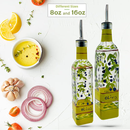 Hand Painted Glass Oliva Branch Oil/Vinegar Glass Cruet for Kitchen, 16 oz Olive Oil Dispenser With Stainless Steel Spout for Easy Pouring
