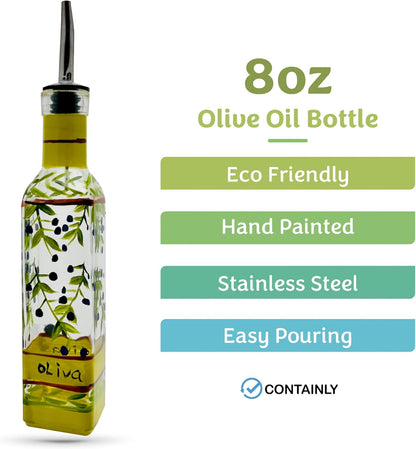 Hand Painted Glass Oliva Branch Oil/Vinegar Glass Cruet for Kitchen, 16 oz Olive Oil Dispenser With Stainless Steel Spout for Easy Pouring