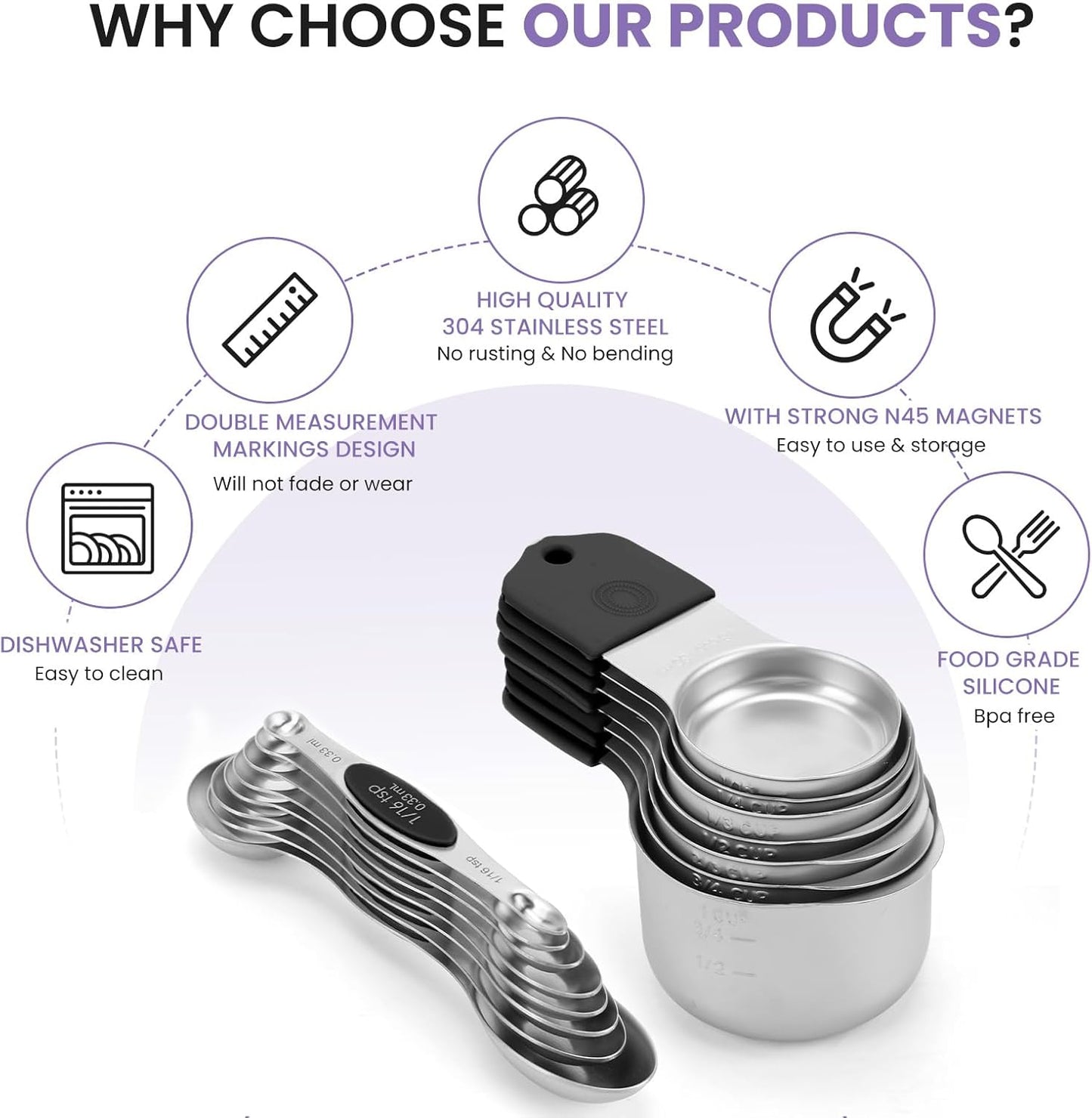 Magnetic Measuring Cups and Spoons Set-Heavy Duty 304 Stainless Steel，Double Measurement Markings，Set of 16 with Leveler for Measure Dry and Liquid Ingredients