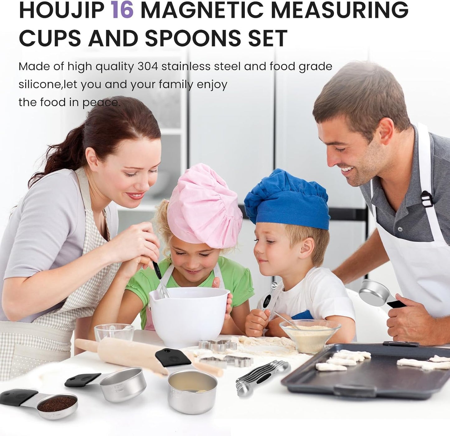 Magnetic Measuring Cups and Spoons Set-Heavy Duty 304 Stainless Steel，Double Measurement Markings，Set of 16 with Leveler for Measure Dry and Liquid Ingredients
