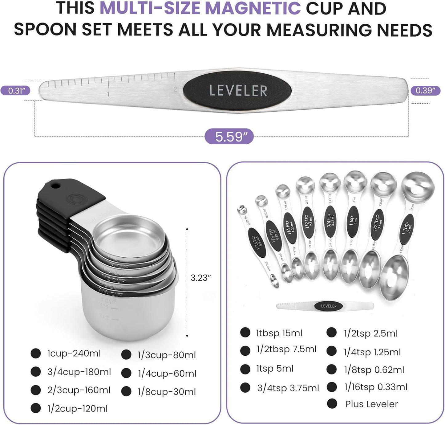 Magnetic Measuring Cups and Spoons Set-Heavy Duty 304 Stainless Steel，Double Measurement Markings，Set of 16 with Leveler for Measure Dry and Liquid Ingredients