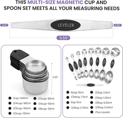 Magnetic Measuring Cups and Spoons Set-Heavy Duty 304 Stainless Steel，Double Measurement Markings，Set of 16 with Leveler for Measure Dry and Liquid Ingredients