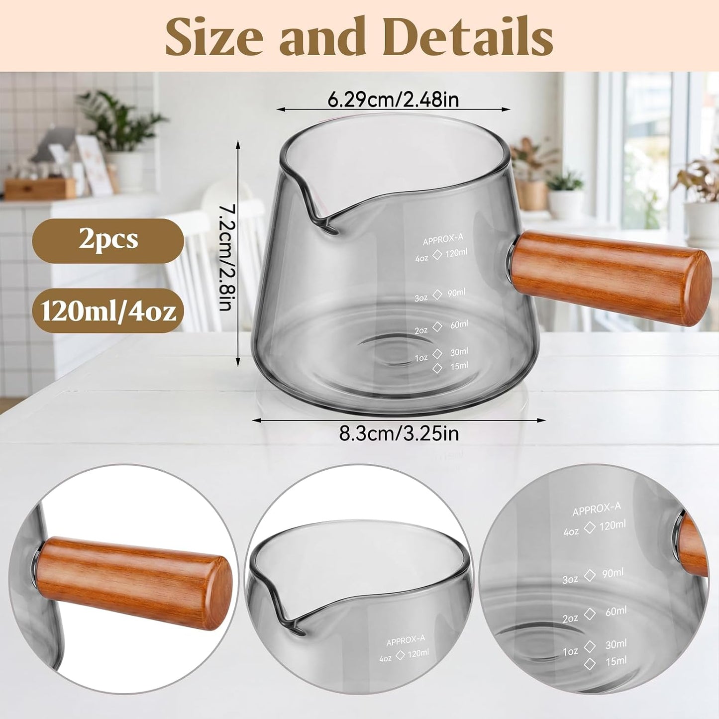 2 Pcs Espresso Cups, Espresso Shot Glasses with V-shaped Spouts and Handle, Small Cute Glass Measuring Cup, Milk Frothing Pitcher for Coffee Bar Accessories(4 OZ,Simple Style,Black)