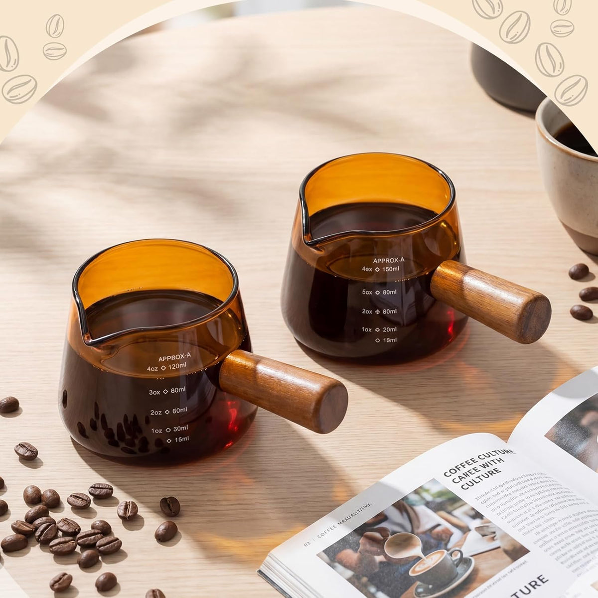 2 Pcs Espresso Cups, Espresso Shot Glasses with V-shaped Spouts and Handle, Small Cute Glass Measuring Cup, Milk Frothing Pitcher for Coffee Bar Accessories(4 OZ,Simple Style,Black)