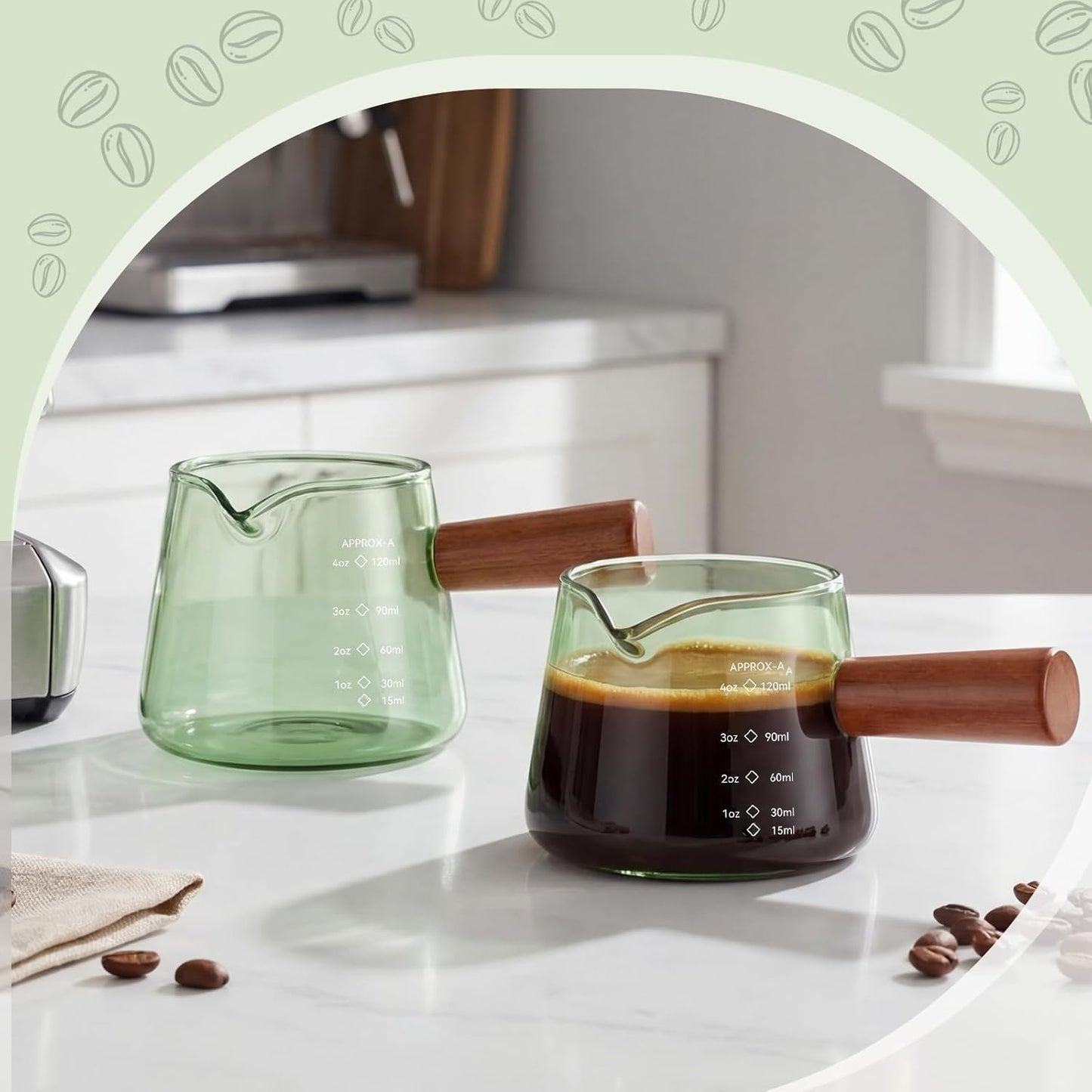 2 Pcs Espresso Cups, Espresso Shot Glasses with V-shaped Spouts and Handle, Small Cute Glass Measuring Cup, Milk Frothing Pitcher for Coffee Bar Accessories(4 OZ,Simple Style,Black)