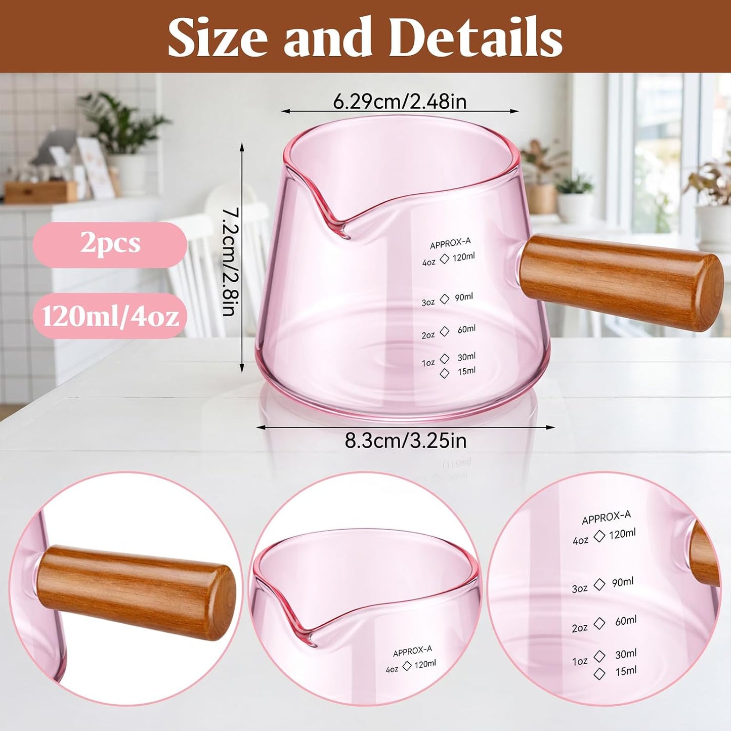 2 Pcs Espresso Cups, Espresso Shot Glasses with V-shaped Spouts and Handle, Small Cute Glass Measuring Cup, Milk Frothing Pitcher for Coffee Bar Accessories(4 OZ,Simple Style,Black)