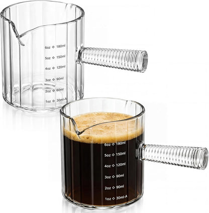 2 Pcs Espresso Cups, Espresso Shot Glasses with V-shaped Spouts and Handle, Small Cute Glass Measuring Cup, Milk Frothing Pitcher for Coffee Bar Accessories(4 OZ,Simple Style,Black)
