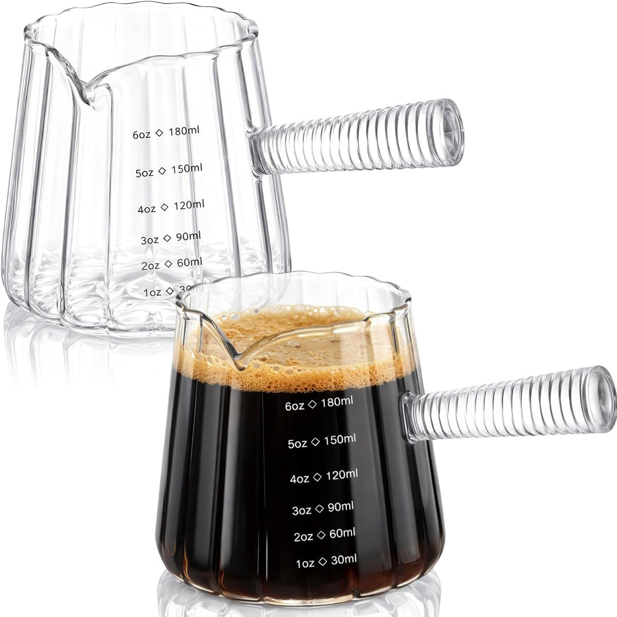 2 Pcs Espresso Cups, Espresso Shot Glasses with V-shaped Spouts and Handle, Small Cute Glass Measuring Cup, Milk Frothing Pitcher for Coffee Bar Accessories(4 OZ,Simple Style,Black)
