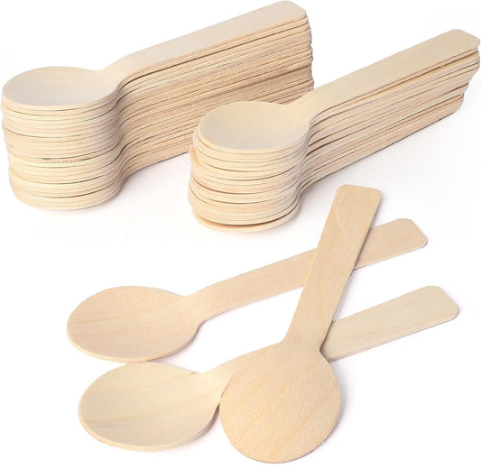 Mini Wooden Spoons, Pack of 100, 4 inch Length, Disposable Tasting Sampling Spoons, Biodegradable Compostable Eco-friendly Birchwood Taster Spoons