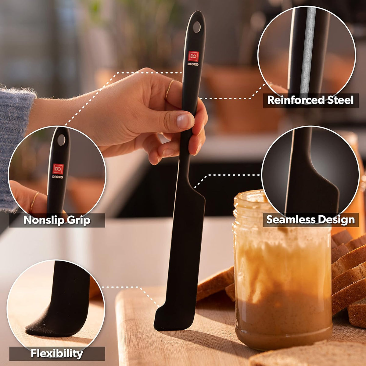 Silicone Jar Spatula Set - 600F Heat Resistant, 5-Pc Black
