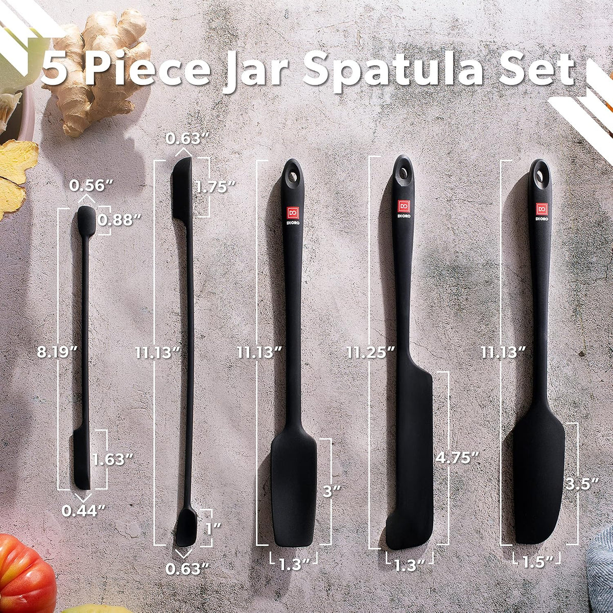 Silicone Jar Spatula Set - 600F Heat Resistant, 5-Pc Black