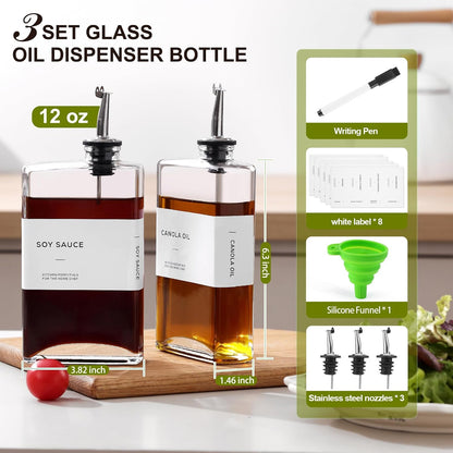 Olive Oil Dispenser Bottle for Kitchen, 3 Pack Glass Oil and Vinegar Dispenser Set, Elegant Book Design, Durable, Leak-Proof, Easy-Pour Spouts, Perfect for Kitchen, Dining Table (17oz)