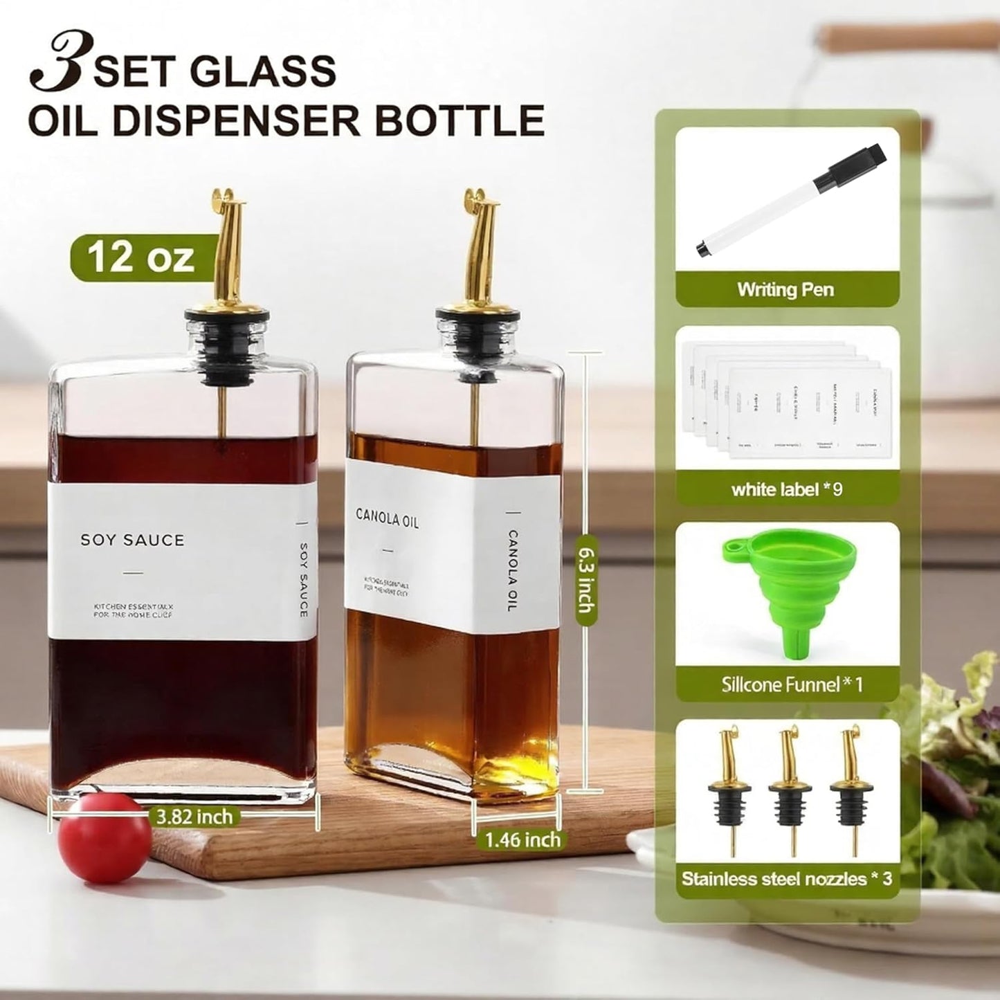 Olive Oil Dispenser Bottle for Kitchen, 3 Pack Glass Oil and Vinegar Dispenser Set, Elegant Book Design, Durable, Leak-Proof, Easy-Pour Spouts, Perfect for Kitchen, Dining Table (17oz)