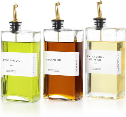 Olive Oil Dispenser Bottle for Kitchen, 3 Pack Glass Oil and Vinegar Dispenser Set, Elegant Book Design, Durable, Leak-Proof, Easy-Pour Spouts, Perfect for Kitchen, Dining Table (17oz)