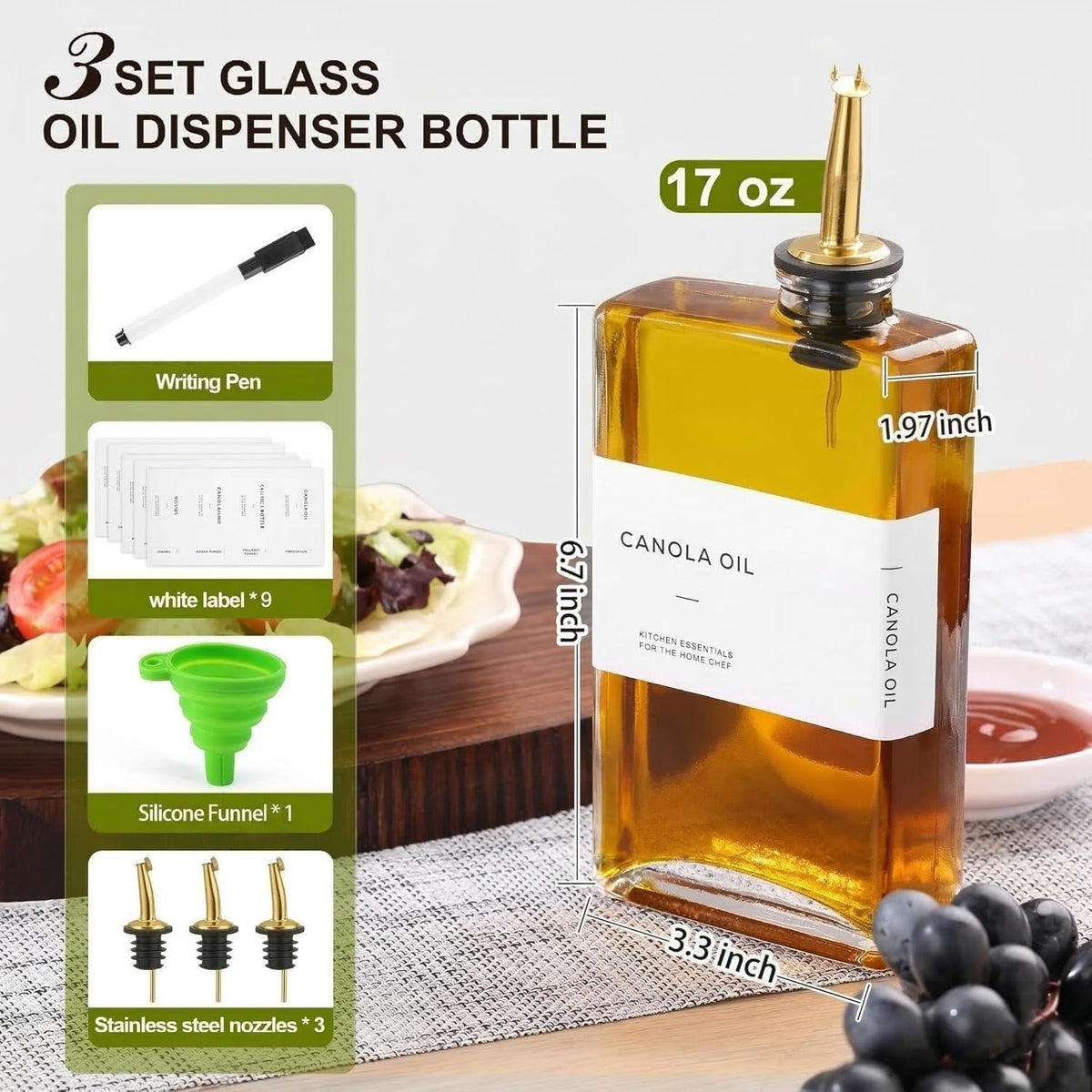 Olive Oil Dispenser Bottle for Kitchen, 3 Pack Glass Oil and Vinegar Dispenser Set, Elegant Book Design, Durable, Leak-Proof, Easy-Pour Spouts, Perfect for Kitchen, Dining Table (17oz)