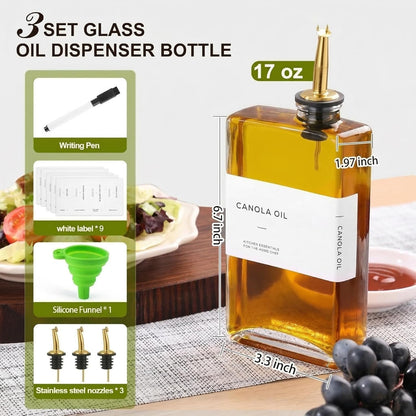 Olive Oil Dispenser Bottle for Kitchen, 3 Pack Glass Oil and Vinegar Dispenser Set, Elegant Book Design, Durable, Leak-Proof, Easy-Pour Spouts, Perfect for Kitchen, Dining Table (17oz)