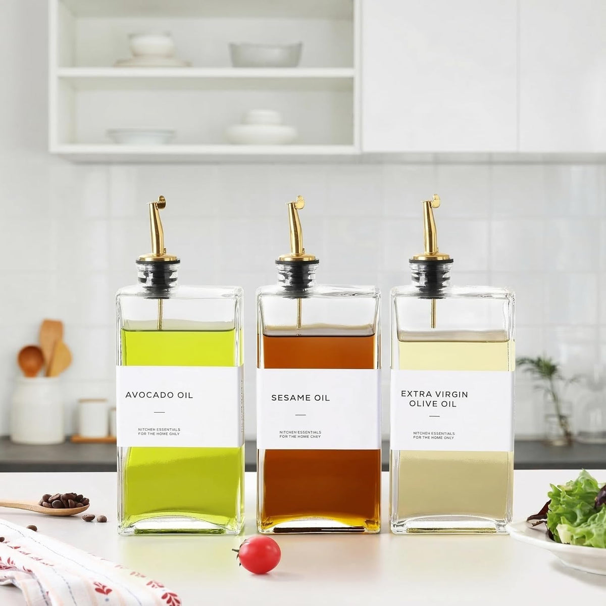 Olive Oil Dispenser Bottle for Kitchen, 3 Pack Glass Oil and Vinegar Dispenser Set, Elegant Book Design, Durable, Leak-Proof, Easy-Pour Spouts, Perfect for Kitchen, Dining Table (17oz)