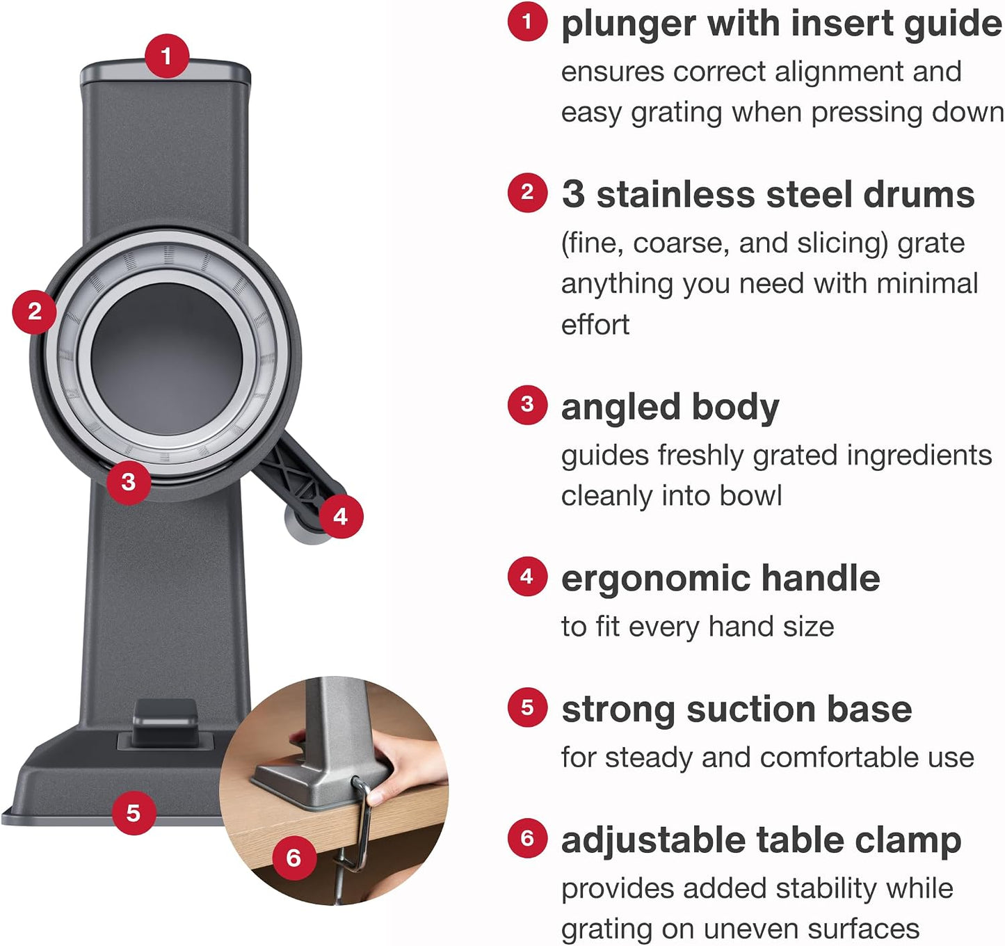 Rotary Cheese Grater, Aluminium, 3 Steel Drum Blades, Cheese, Vegetable, Chocolate, Nut, Fruit Grater with Handle, Non-Slip Suction Foot and Table Clamp, 5 Year Guarantee