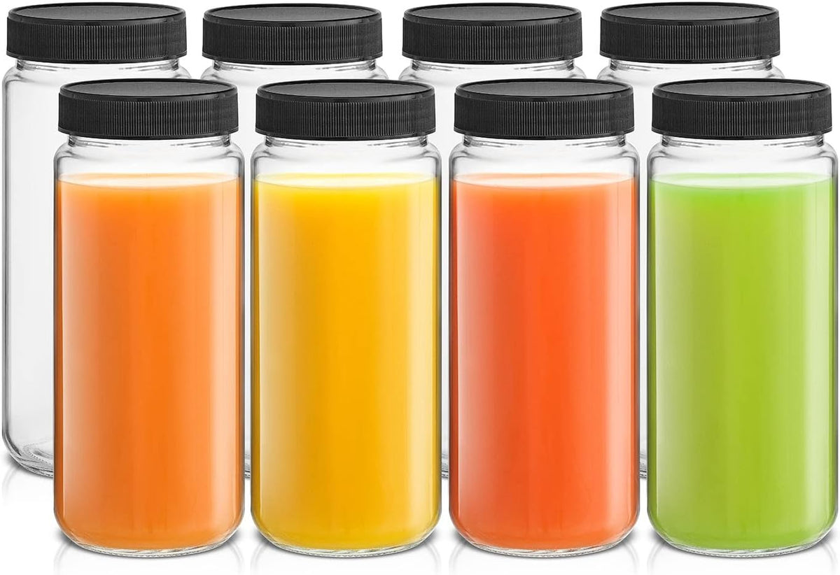 Glass Juice Bottles, 16 oz Glass Bottles with Caps. Set of 8 Juice Containers with Lids for Fridge, and Labels for Juice Jars. Glasses for Juice, Cold Brew Bottles, Smoothie Jars