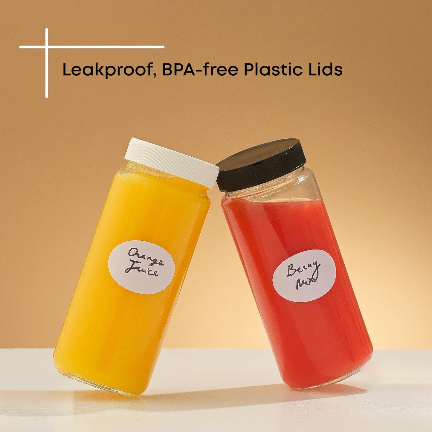 Glass Juice Bottles, 16 oz Glass Bottles with Caps. Set of 8 Juice Containers with Lids for Fridge, and Labels for Juice Jars. Glasses for Juice, Cold Brew Bottles, Smoothie Jars