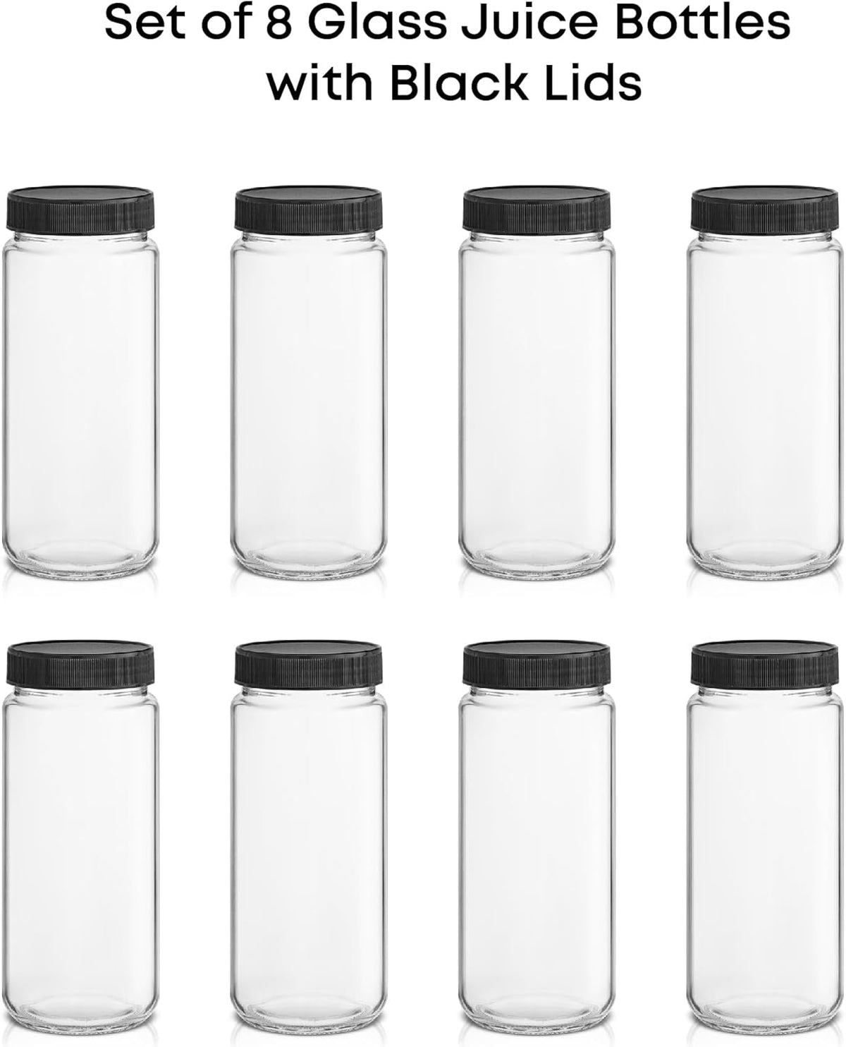 Glass Juice Bottles, 16 oz Glass Bottles with Caps. Set of 8 Juice Containers with Lids for Fridge, and Labels for Juice Jars. Glasses for Juice, Cold Brew Bottles, Smoothie Jars