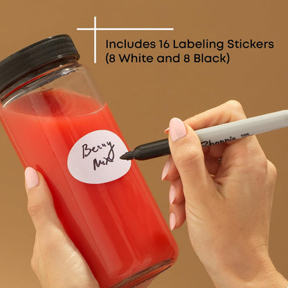 Glass Juice Bottles, 16 oz Glass Bottles with Caps. Set of 8 Juice Containers with Lids for Fridge, and Labels for Juice Jars. Glasses for Juice, Cold Brew Bottles, Smoothie Jars