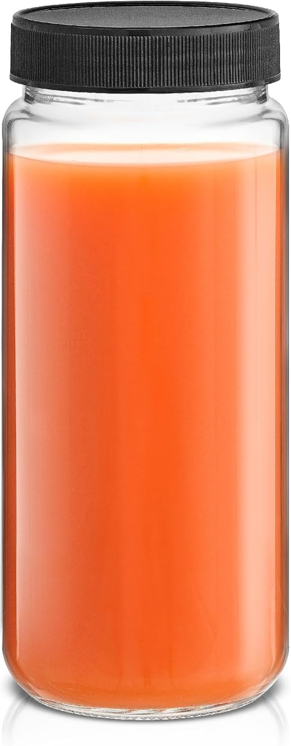 Glass Juice Bottles, 16 oz Glass Bottles with Caps. Set of 8 Juice Containers with Lids for Fridge, and Labels for Juice Jars. Glasses for Juice, Cold Brew Bottles, Smoothie Jars