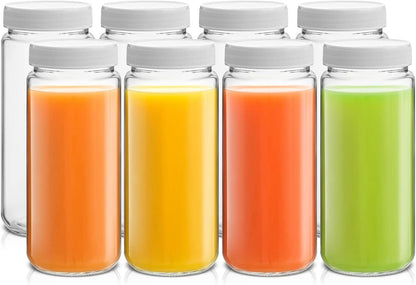 Glass Juice Bottles, 16 oz Glass Bottles with Caps. Set of 8 Juice Containers with Lids for Fridge, and Labels for Juice Jars. Glasses for Juice, Cold Brew Bottles, Smoothie Jars