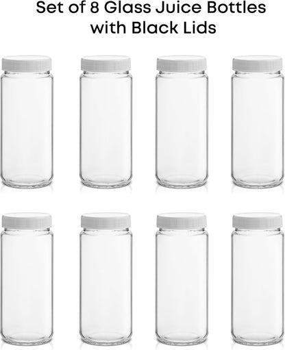Glass Juice Bottles, 16 oz Glass Bottles with Caps. Set of 8 Juice Containers with Lids for Fridge, and Labels for Juice Jars. Glasses for Juice, Cold Brew Bottles, Smoothie Jars