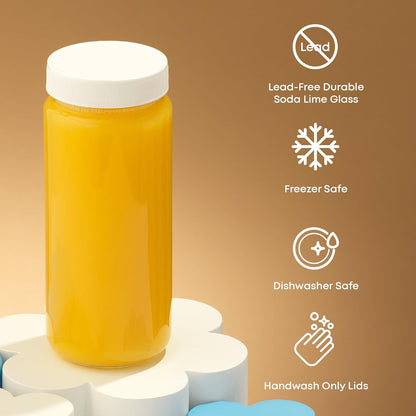 Glass Juice Bottles, 16 oz Glass Bottles with Caps. Set of 8 Juice Containers with Lids for Fridge, and Labels for Juice Jars. Glasses for Juice, Cold Brew Bottles, Smoothie Jars
