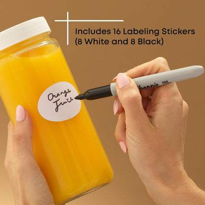 Glass Juice Bottles, 16 oz Glass Bottles with Caps. Set of 8 Juice Containers with Lids for Fridge, and Labels for Juice Jars. Glasses for Juice, Cold Brew Bottles, Smoothie Jars