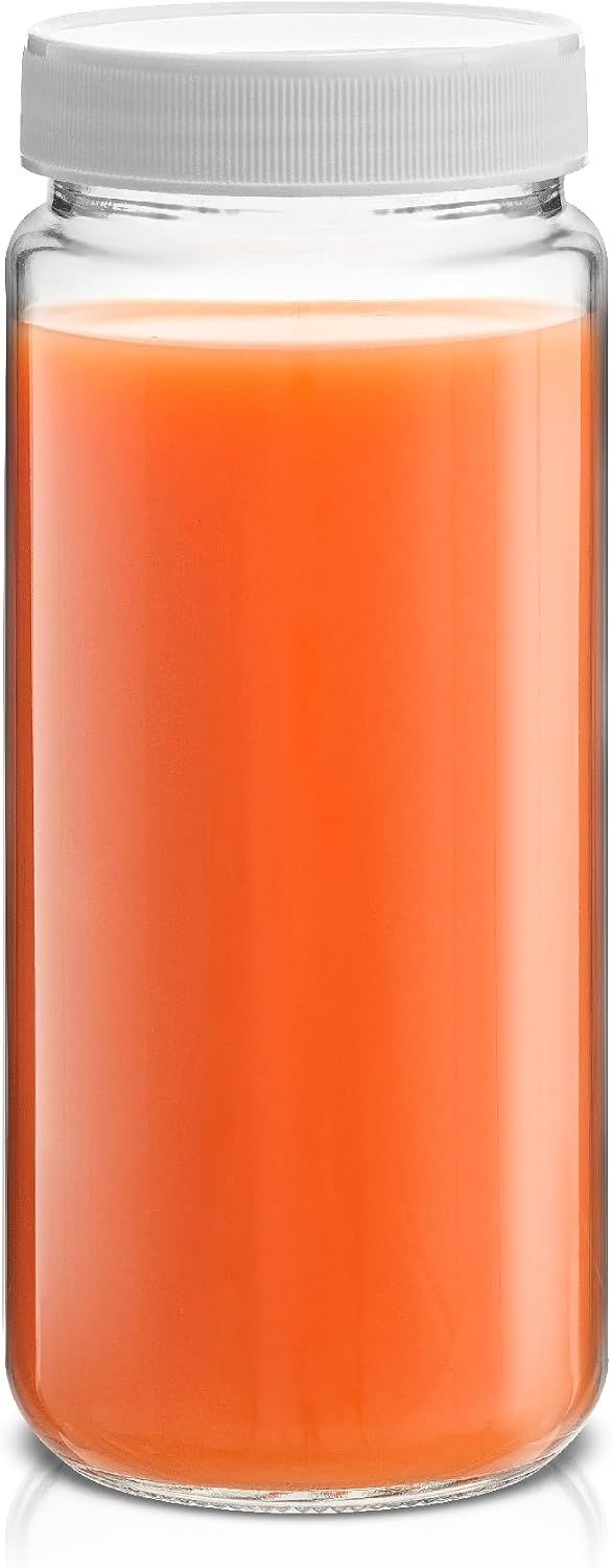 Glass Juice Bottles, 16 oz Glass Bottles with Caps. Set of 8 Juice Containers with Lids for Fridge, and Labels for Juice Jars. Glasses for Juice, Cold Brew Bottles, Smoothie Jars