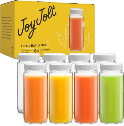 Glass Juice Bottles, 16 oz Glass Bottles with Caps. Set of 8 Juice Containers with Lids for Fridge, and Labels for Juice Jars. Glasses for Juice, Cold Brew Bottles, Smoothie Jars