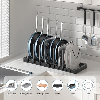 Pots and Pans Organizer under Cabinet, Expandable Pot Lid Organizer Holder with 10 Adjustable Compartment, Pan Organizers inside Cabinet for Lids, Bakeware, Kitchen Storage Pot Rack, Black