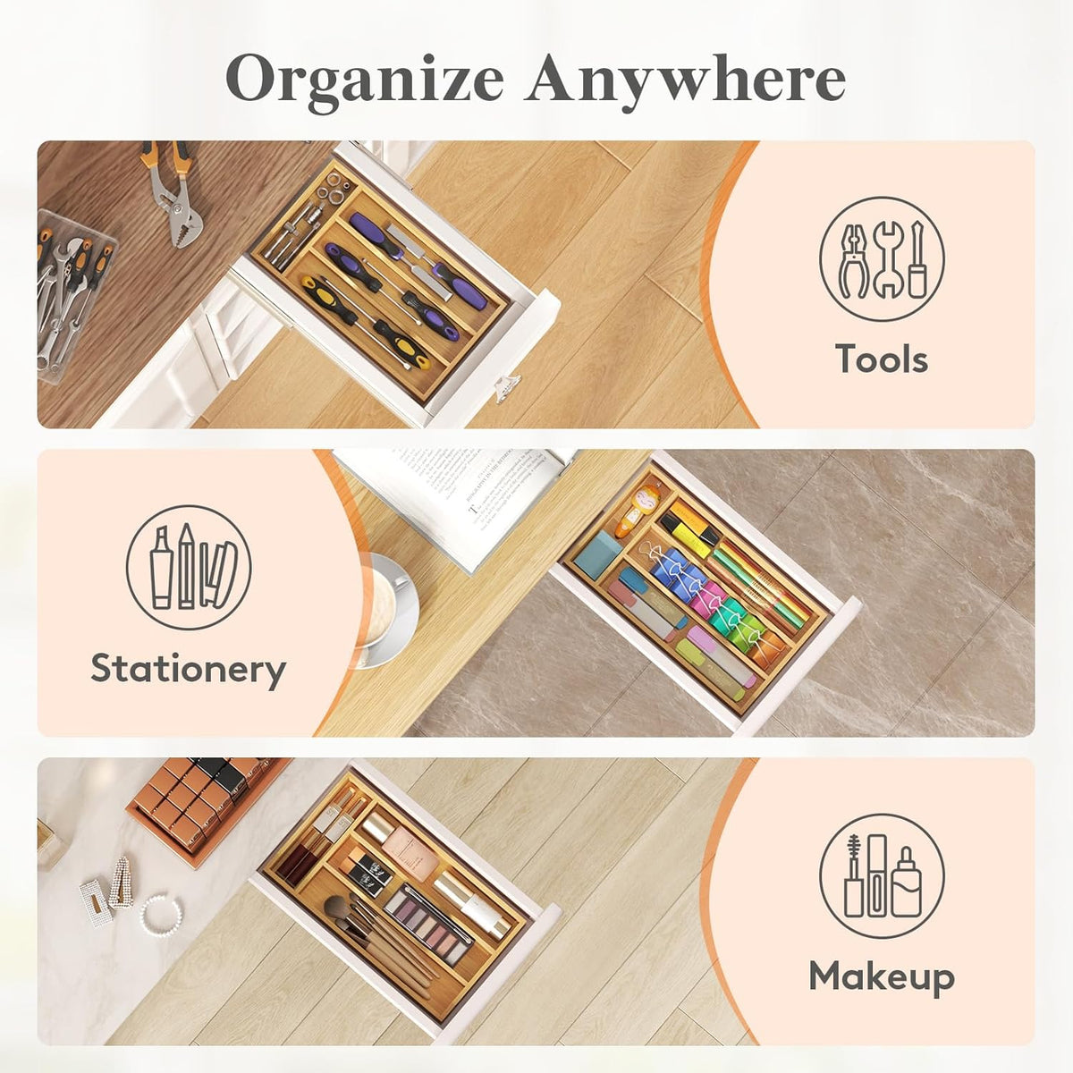 Silverware Drawer Organizer, Utensil Tray for Kitchen, Flatware and Cutlery Holder, Storage for Spoons Forks Knives, 6.7 x 12", Natural