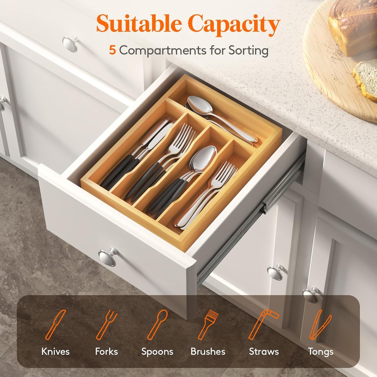 Silverware Drawer Organizer, Utensil Tray for Kitchen, Flatware and Cutlery Holder, Storage for Spoons Forks Knives, 6.7 x 12", Natural