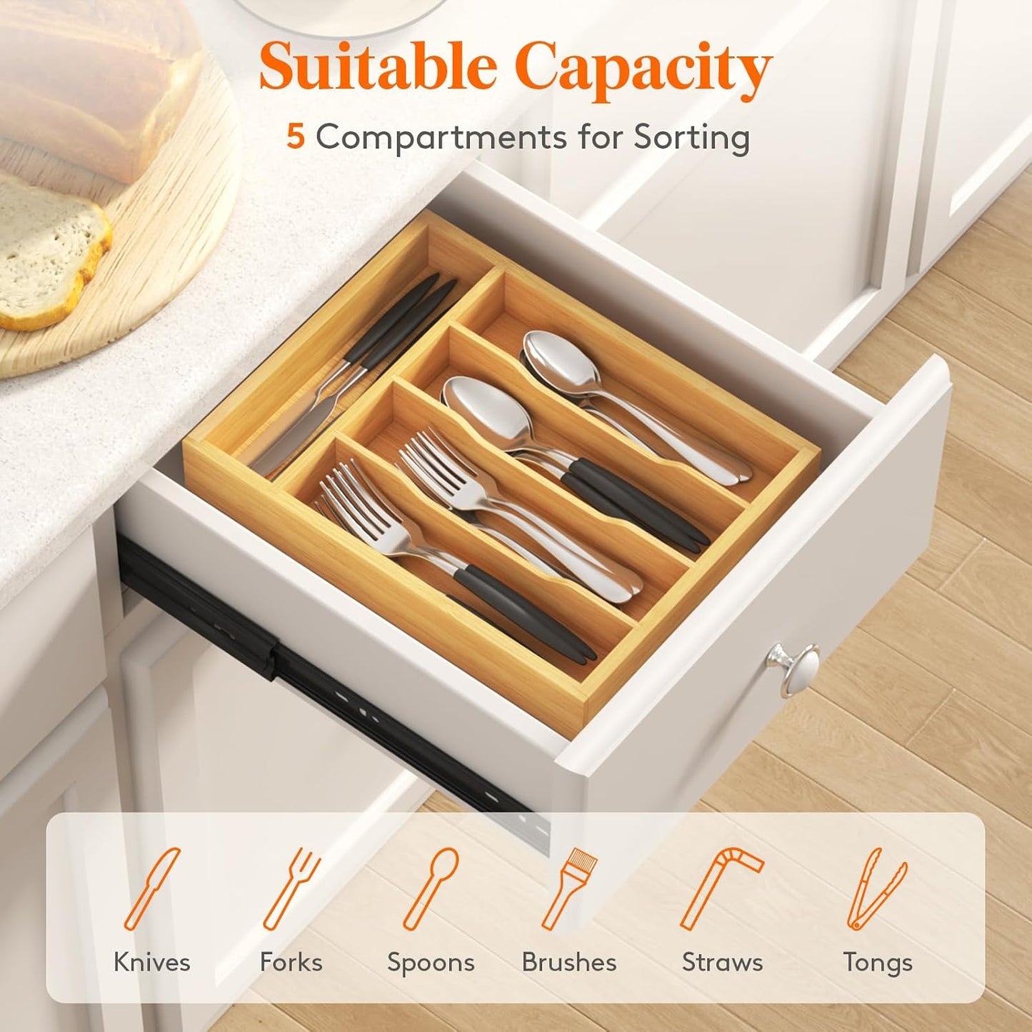 Silverware Drawer Organizer, Utensil Tray for Kitchen, Flatware and Cutlery Holder, Storage for Spoons Forks Knives, 6.7 x 12", Natural